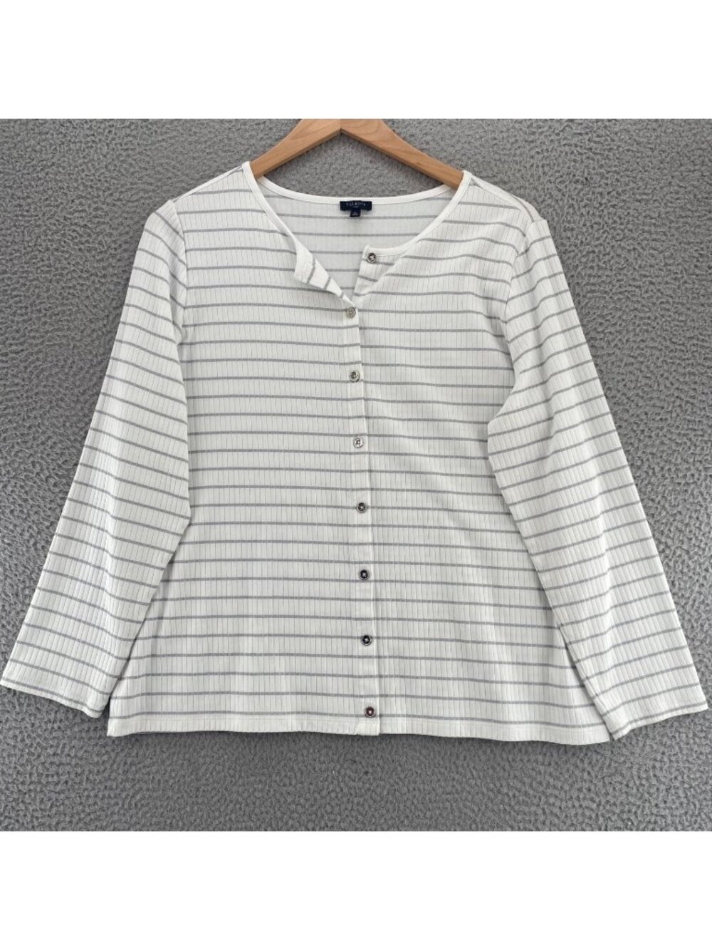 Talbots Top Womens 2X White Striped Silver Glitter Button Up Stretch Knit Tee